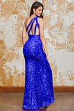 Sparkly Mermaid One Shoulder Fuchsia Sequins Long Prom Dress with Split Front