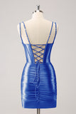 Golden Spaghetti Straps Bodycon Corset Homecoming Dress with Sequins