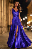 Metallic V-Neck A-Line Gold Long Formal Dress With Slit