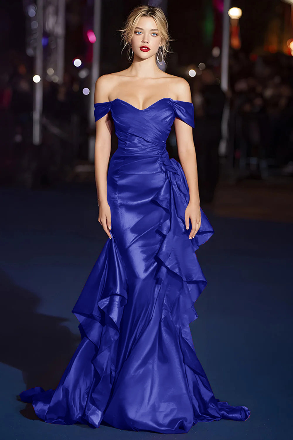 Dark Green Off the Shoulder Satin Ruched Mermaid Long Gala Dress with Ruffles