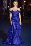 Dark Green Off the Shoulder Satin Ruched Mermaid Long Gala Dress with Ruffles