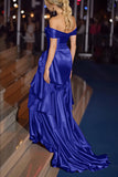 Dark Green Off the Shoulder Satin Ruched Mermaid Long Gala Dress with Ruffles