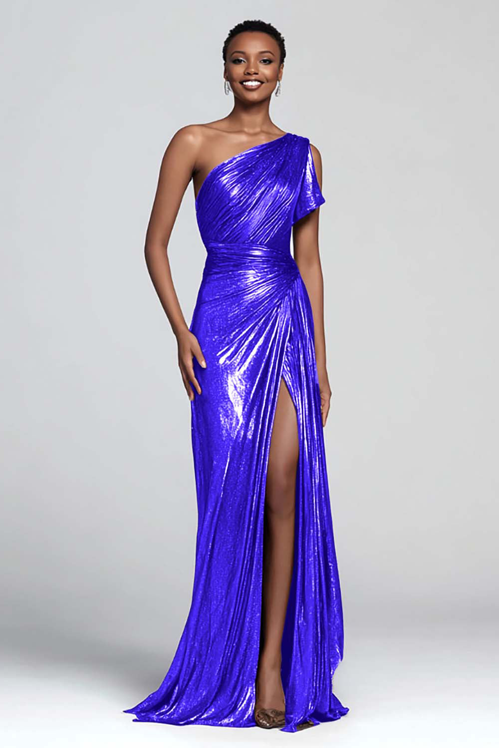 Brown Metallic Sheath One Shoulder Long Formal Dress