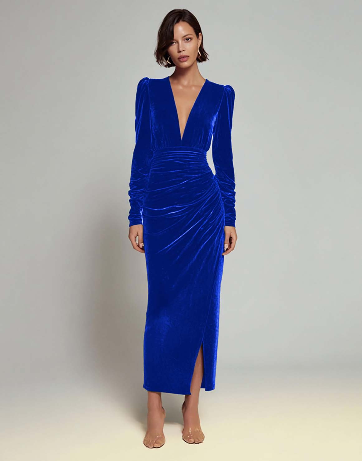 Olive Sheath V-Neck Ruched Velvet Long Formal Dress with slit