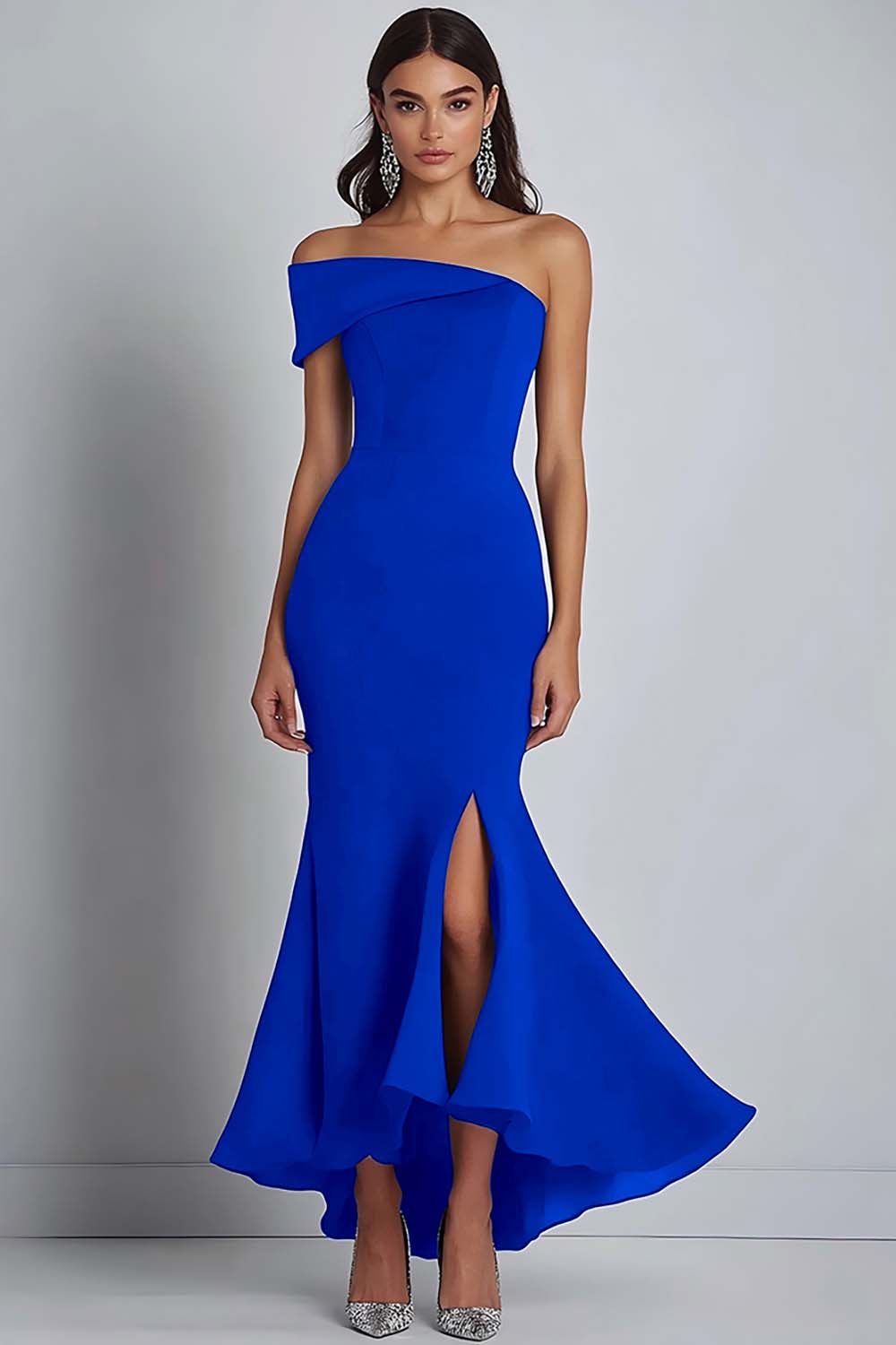 Navy Crepe One Shoulder Sheath Formal Dress with Slit