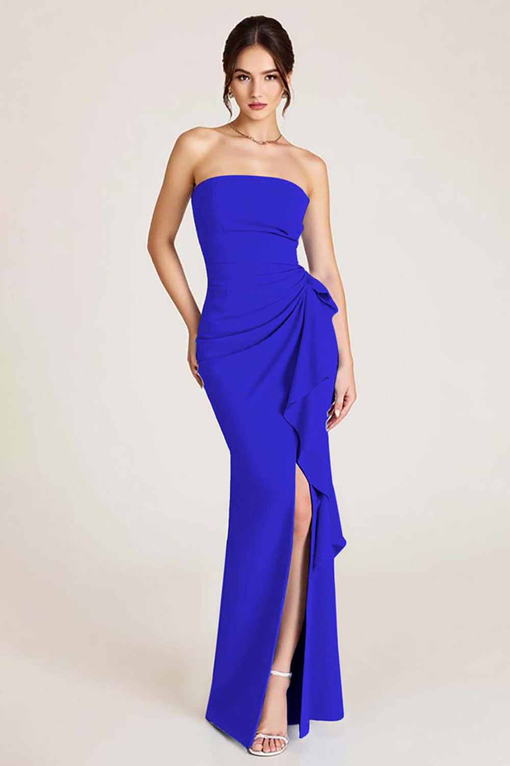 Sky Blue Sheath Ruched Wedding Guest Dress With Slit