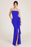 Sky Blue Sheath Ruched Wedding Guest Dress With Slit