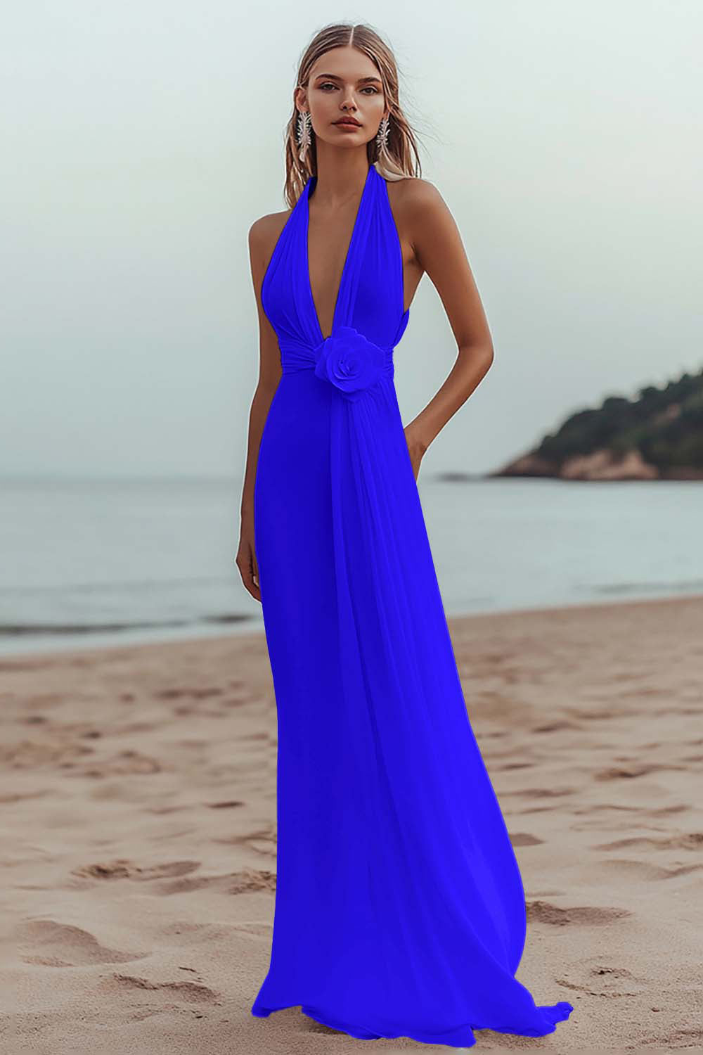 White Sheath Halter Ruched Long Formal Dress with Flower