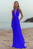 White Sheath Halter Ruched Long Formal Dress with Flower