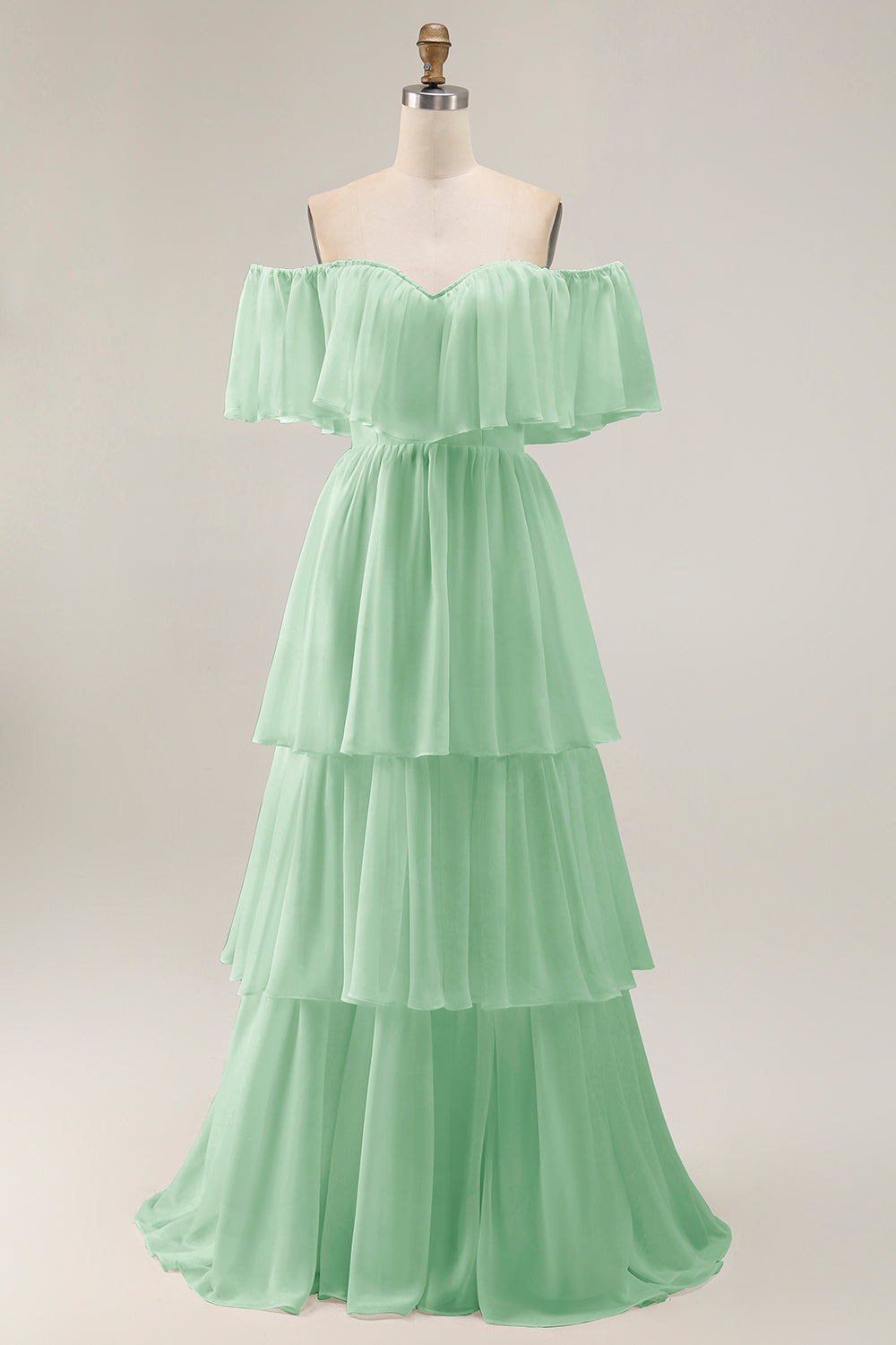 White Ruffled Off the Shoulder Chiffon A Line Wedding Dress