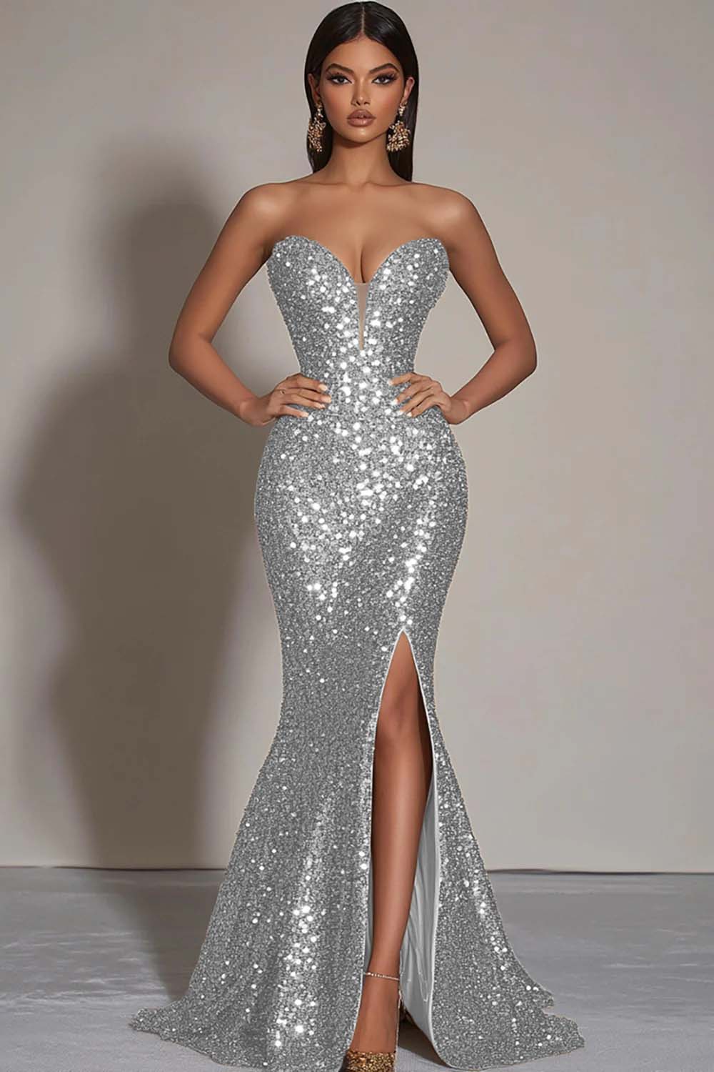 Sparkly Gold Sequins Strapless Mermaid Formal Dress with Slit