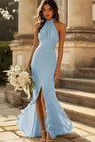 Halter Dusty Sage Mermaid Ruffles Chiffon Bridesmaid Dress