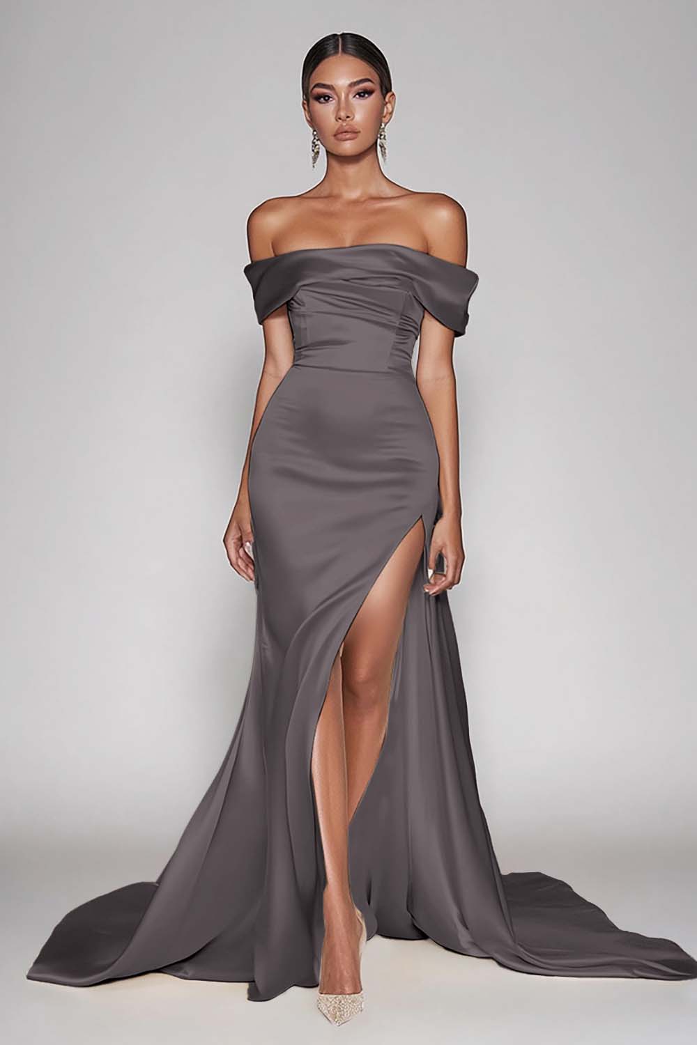 Champagne Off The Shoulder Satin Long Mermaid Prom Dress with Slit