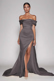 Champagne Off The Shoulder Satin Long Mermaid Prom Dress with Slit