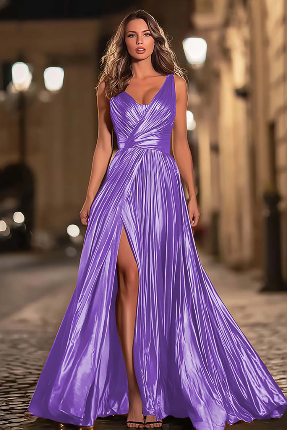Green A-Line Metallic V-Neck Pleated Formal Dress With Slit