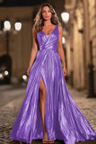 Green A-Line Metallic V-Neck Pleated Formal Dress With Slit