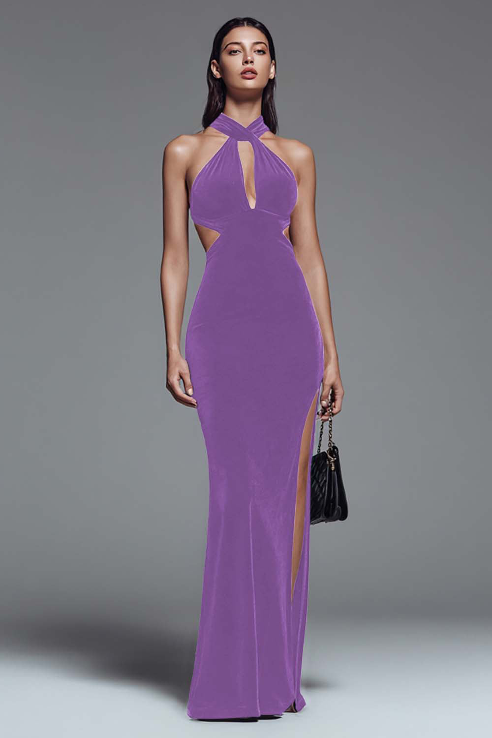 Dark Green Velvet Halter Sheath Long Formal Dress with Slit