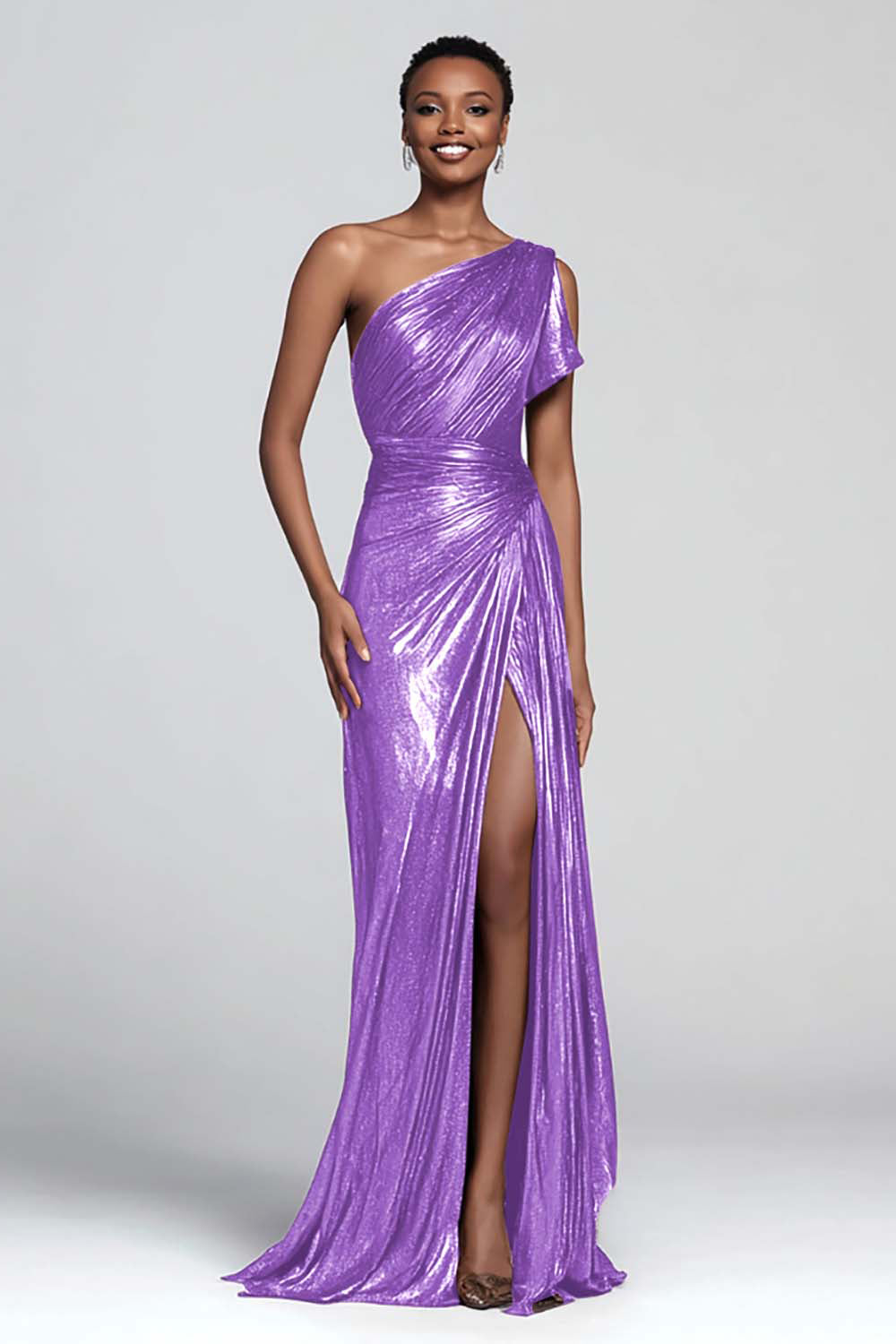 Brown Metallic Sheath One Shoulder Long Formal Dress