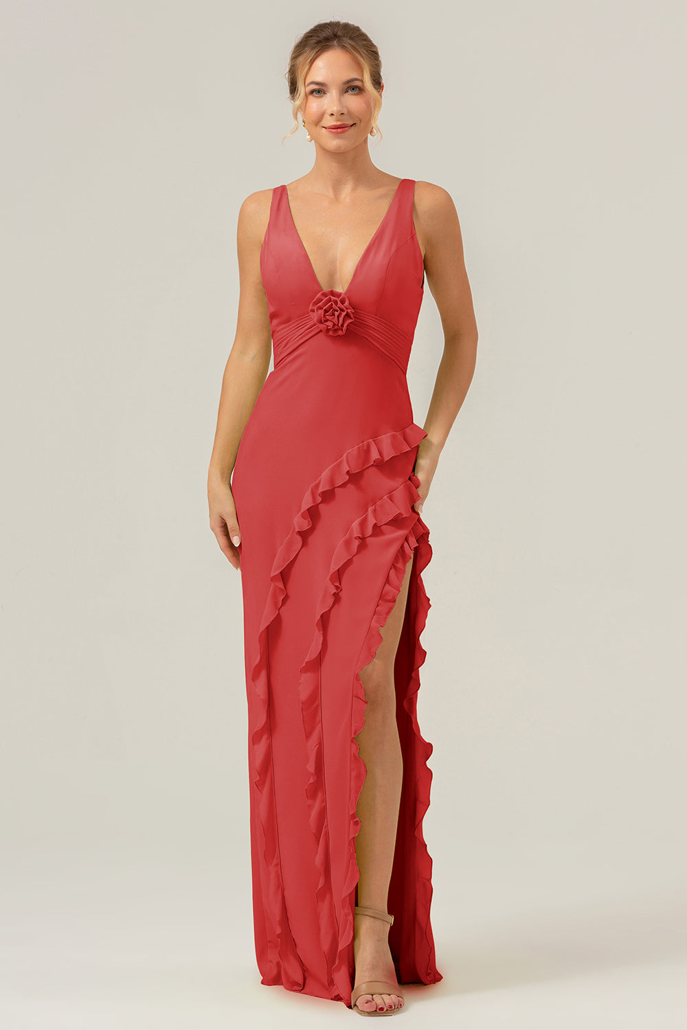 Lime Sheath Deep V Neck Backless Long Bridesmaid Dress with Ruffle Slit