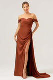 Sage Mermaid Off The Shoulder Pleated Satin Bridesmaid Dress with Slit