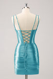 Golden Spaghetti Straps Bodycon Corset Homecoming Dress with Sequins