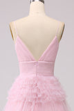 A Line Spaghetti Straps Light Pink Long Prom Dress with Ruffles