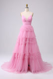 A Line Spaghetti Straps Light Pink Long Prom Dress with Ruffles
