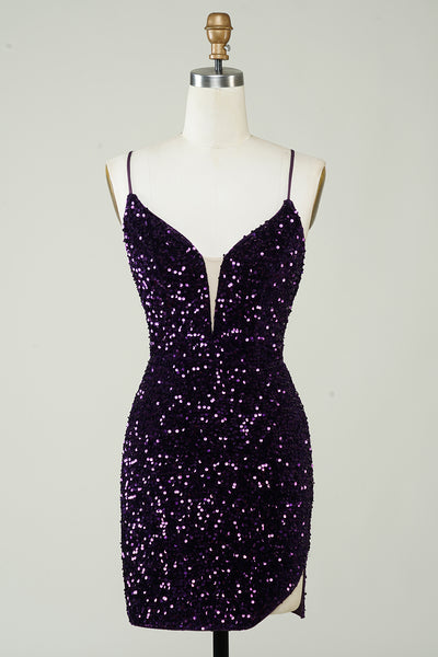 Zapaka Women Sparkly Purple Sequins Tight Short Homecoming Dress Spaghetti Straps Backless Party Dress, Purple / US4