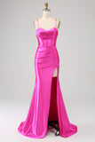 Stunning Mermaid Spaghetti Straps Fuchsia Corset Prom Dress with Split Front