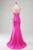 Stunning Mermaid Spaghetti Straps Fuchsia Corset Prom Dress with Split Front