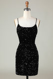 Black Spaghetti Straps Sequin Homecoming Dress With Criss Cross Back