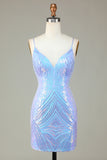 Sparkly Sheath Spaghetti Straps Blue Sequins Short Homecoming Dress with Backless
