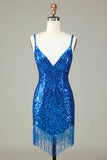 Sheath Spaghetti Straps Peacockt Blue Sequins 1920s Dress with Tassel