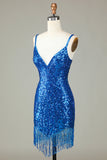 Sheath Spaghetti Straps Peacockt Blue Sequins 1920s Dress with Tassel