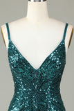 Sparkly Bodycon Spaghetti Straps Blue Sequins Short Homecoming Dress with Tassel