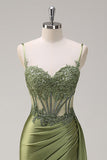 Green Mermaid Spaghetti Straps Pleated Long Corset Satin Prom Dress With Slit