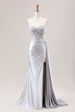 Silver Mermaid Pleated Sheer Long Corset Satin Prom Dress With Slit