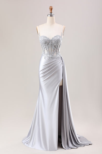 Zapaka Women Silver Satin Prom Dress With Slit Mermaid Pleated Sheer Long Corset Sequin Evening Dress With Appliques, Silver / US26W