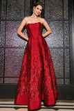 Princess A-Line Strapless Dark Red Corset Long Prom Dress with Accessory