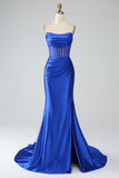 Royal Blue Mermaid Strapless Pleated Corset Long Prom Dress with Slit