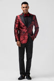 Peak Lapel Burgundy Jacquard One Button Men's Prom Blazer