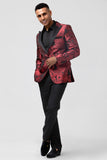 Peak Lapel Burgundy Jacquard One Button Men's Prom Blazer