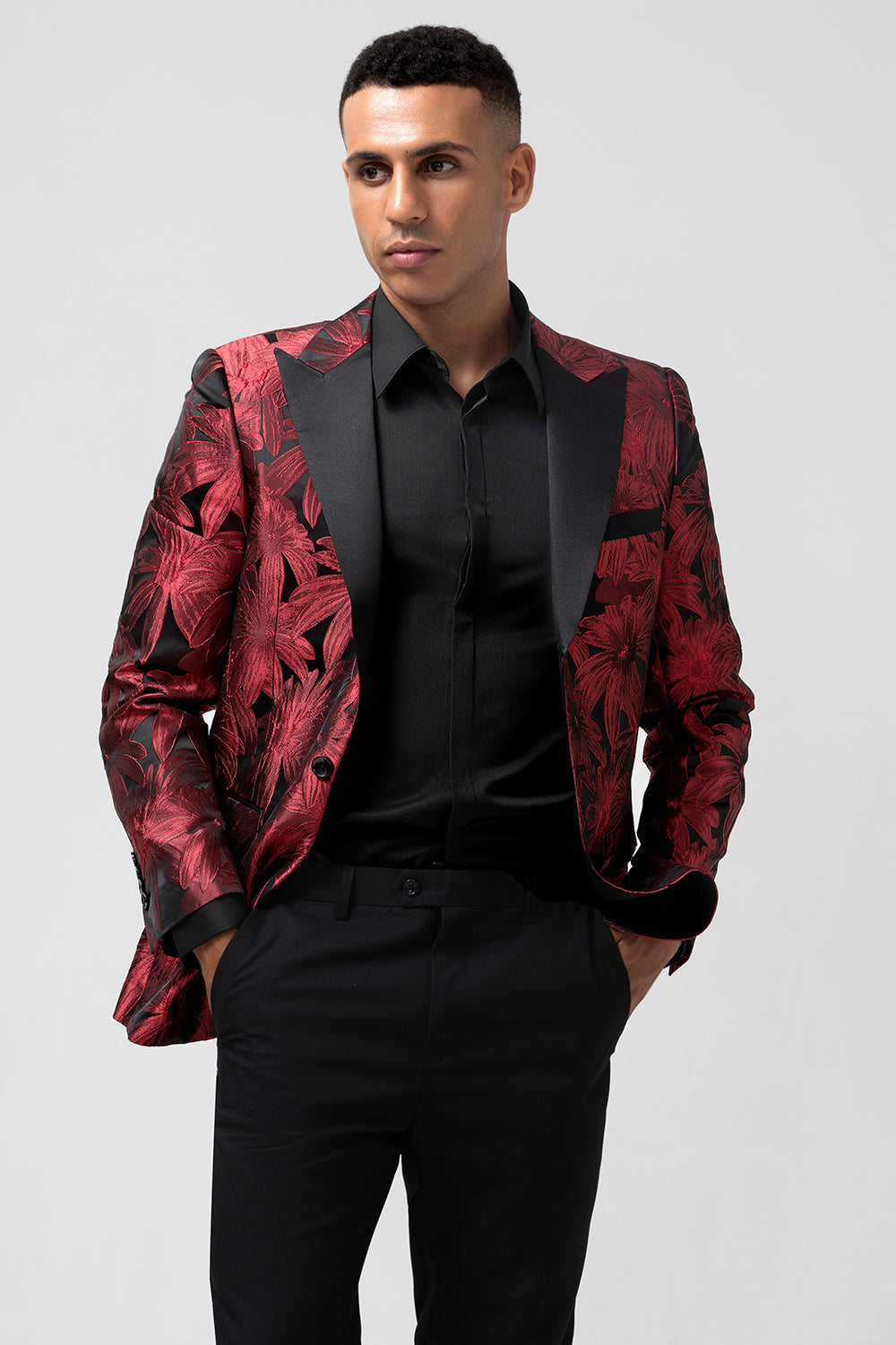 Peak Lapel Burgundy Jacquard One Button Men's Prom Blazer