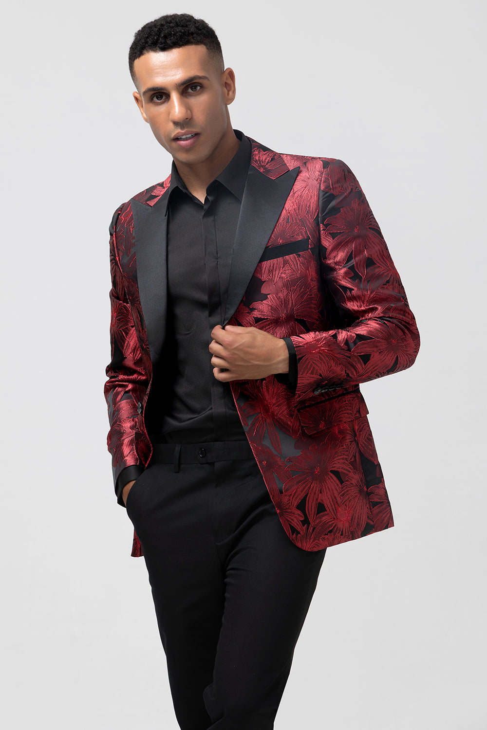 Peak Lapel Burgundy Jacquard One Button Men's Prom Blazer