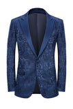 Peak Lapel Dark Blue Jacquard Men's Prom Wedding Party Suits