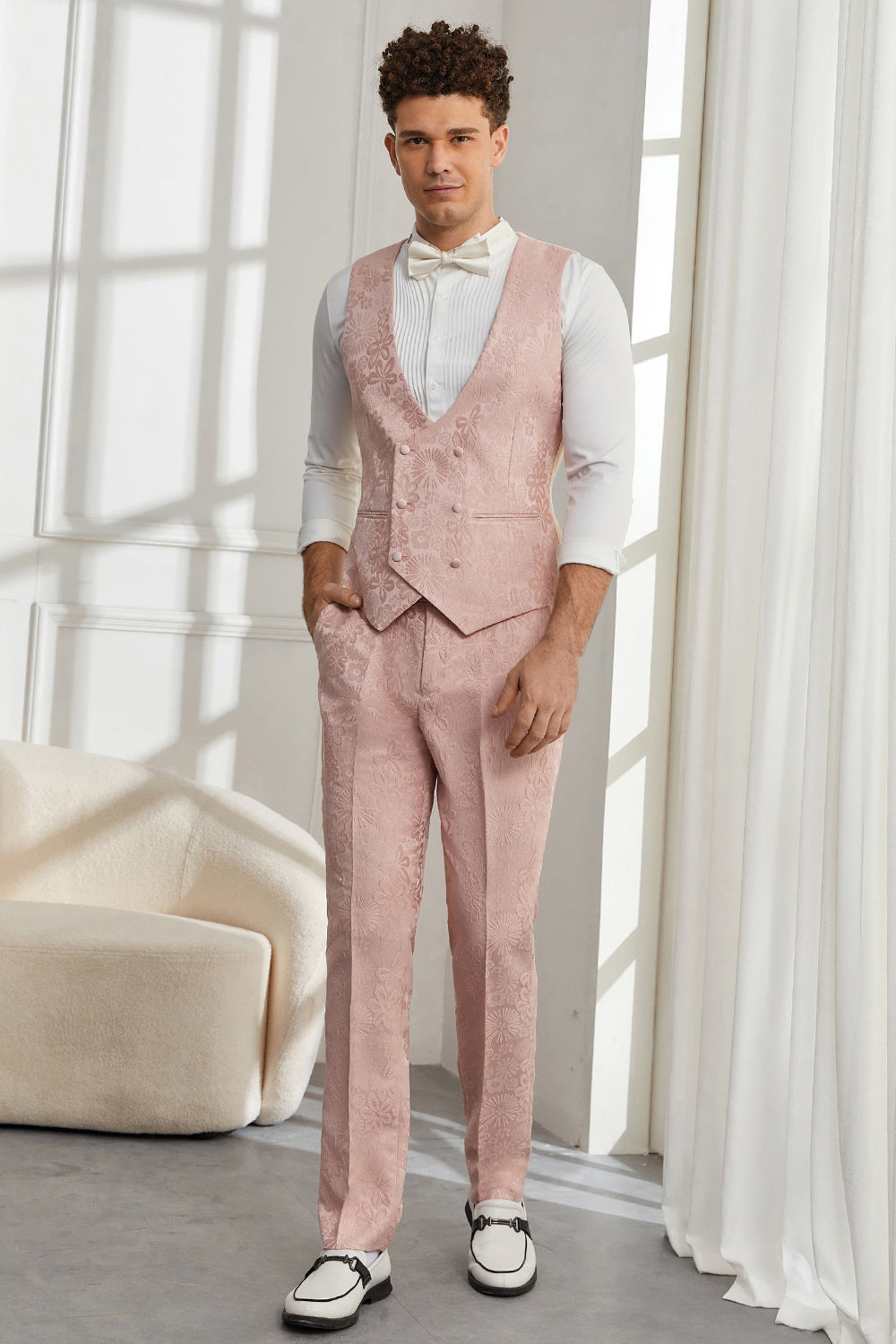 Silm Fit Peak Lapel Light Pink Jacquard Men's Homecoming Suits