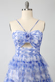 Blue Printed A Line Tiered Hollow-out Long Prom Dress