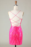 Trend Hot Pink Lace Up Tight Glitter Homecoming Dress