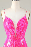 Trend Hot Pink Lace Up Tight Glitter Homecoming Dress