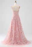A Line Blush Spaghetti Straps Sequin Corset Prom Dress With Slit